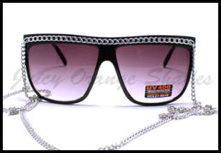 Womens FLAT TOP SILVER CHAIN CELEBRITY Oversized Sunglasses BLACK