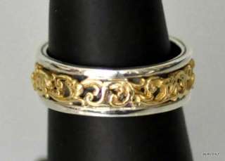   Womens Slim Sterling Silver 18K Gold Floral Band Ring Size 7  