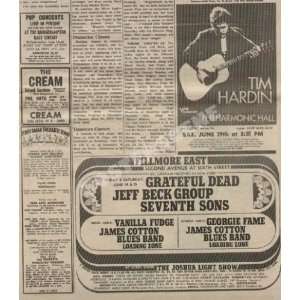 Cream Claton Grateful Dead Tim Hardin NYC Concert Ad 