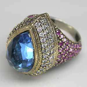 VINTAGE STYLE SWISS BLUE RED SYNTHETIC CORUNDUM CZ BRASS 925 SILVER 