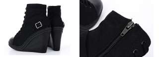 Womens Black Solid Sneakers Zipper Wedge Heel Boots US 5~8 / Lace Up 