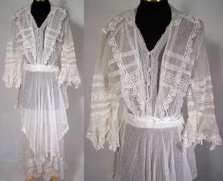   White Net Crochet Lace Pleated Tiered Handkerchief Skirt Dress  