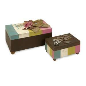 Set of 2 Colorful Striped Decorative Storage Boxes with Floral Accents 