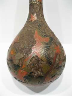 Antique Japanese Totai Porcelain Tree Bark Cloisonne Vase   Birds 