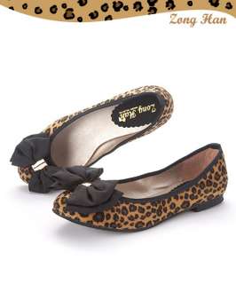 Womens Soft Slip on Comfy Bow Ballet Flat Shoe in Black, Leopard 