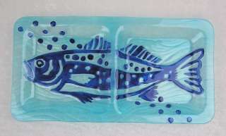 Nautical Beach Blue Glass Fish Rectangular Divided Serving Platter 