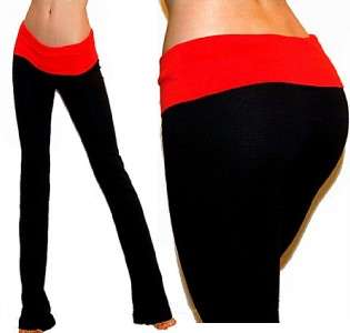   BLACK / COLORS FOLDOVER ROLLOVER FITTED FLAR LONG YOGA GYM PANTS S M L