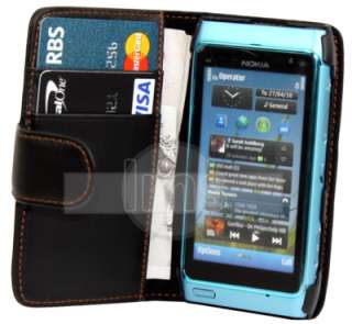 BLACK WALLET LEATHER CASE COVER & 6X FILM FOR NOKIA N8  