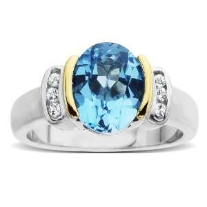   14k Yellow Gold Oval Blue Topaz and White Topaz Ring, Size 9 Jewelry