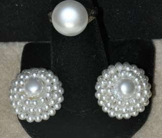 Japan 2 Pc Jewelry Set Pearl Clip Earrings & Ring EUC  