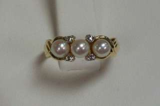 Ladies 14K Yellow Gold Three Pearl and Diamond Ring  