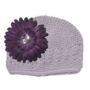  White Adorable Kufi Hat with Purple Daisy Flower