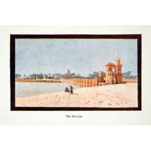  1908 Color Print Barrage Egypt Africa Sand Water Dam People 