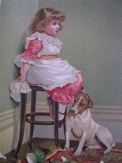 1890 Victorian Chromolitho Young Girl Jack Russell Dog  