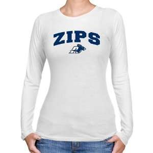  Akron Zips Ladies White Logo Arch Long Sleeve Slim Fit T 
