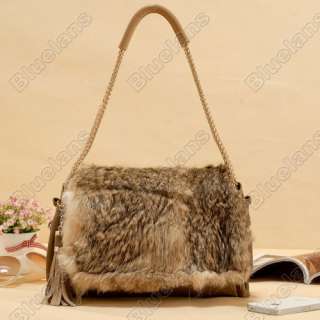 Noble Elegant Womens Real Rabbit Fur Leopard Shoulder Messenger Bag 