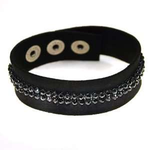  Rocker Black Leather Bracelet with Black Rhinestones 