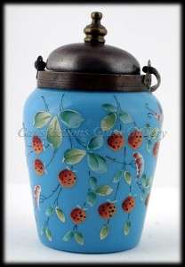 Blue Opaline Tea Caddy Enameled Art Glass Strawberry  