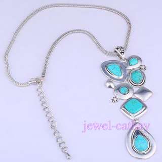 natural turquoise Tibet Silver inlaid pendant necklace  