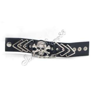   Leather Belt Bracelet /w Rings Skull Wristband Black Unisex  
