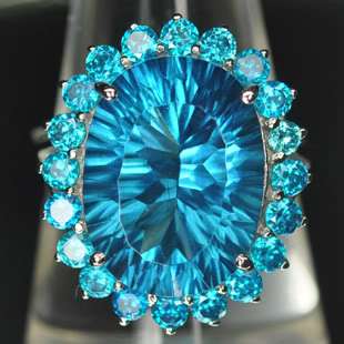27.5 CT. BLUE OVAL CONCAVE TOPAZ SILVER 925 RING S 6.25  