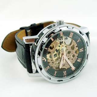 NEW Black Leather Skeleton Automatic Mens Wrist Watch  