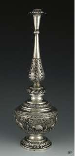 ASIAN/INDIAN SILVER REPOUSSE ANIMALS ROSE WATER BOTTLE  