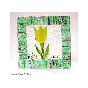  Salad Plate, Fused Glass Art, Green Tulip 7 Square 
