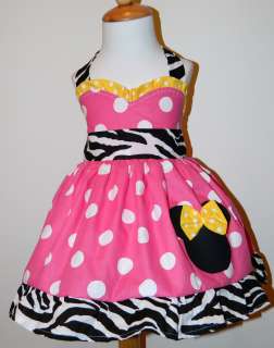   MOUSE CUSTOM BOUTIQUE HALTER DRESS HOT PINK ZEBRA AND YELLOW 12M TO 6Y