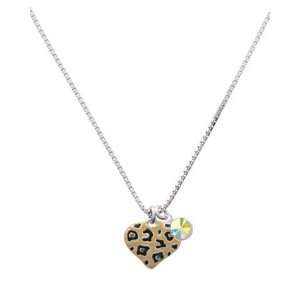 Tan Cheetah Print Heart Charm Necklace with AB Swarovski Crystal Drop 