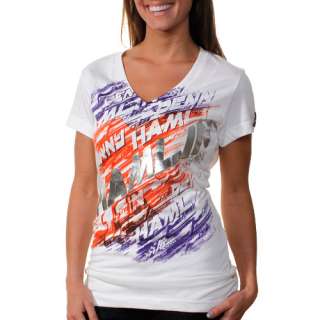   Denny Hamlin Ladies Lightning V Neck T Shirt   White 