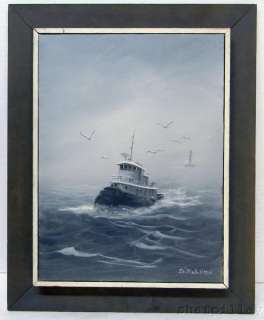 Robillard Oil on Canvas Seascape Boat & Lighthouse  