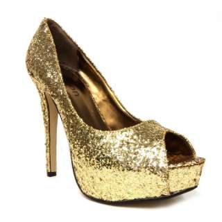 stunning peep toe Gold Glitter 5 1/4 inch heel platform court shoe 