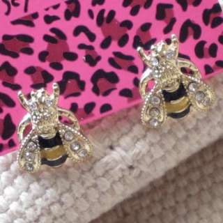 New Cute Betsey Johnson Gold Tone Rhinestone Enamel Bee Stud Earrings 