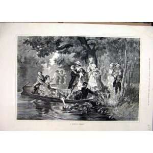 1878 Men Woman Boat Lake Romance Country Scene Print 