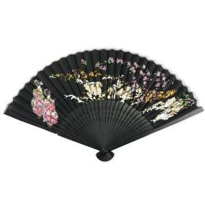     Painted Fabric   Perforated Black Tint Wood Hand Held Folding Fan