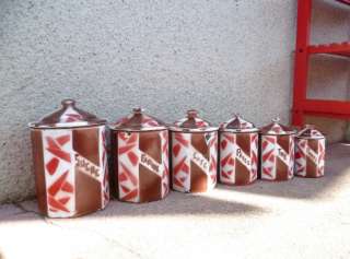   of 6 VINTAGE French ENAMEL embossed CANISTERS  ART DECO RARE  