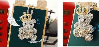   golden crown Austria crystals teddy bear pendant woman necklace  