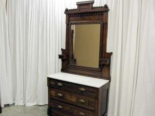 1800s Burl Walnut Marble Top Tall Dresser Lamp Shelfs  
