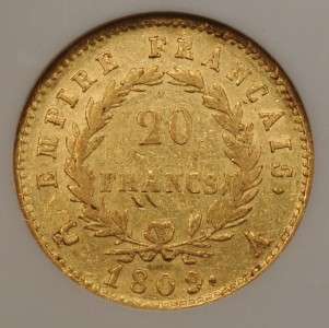 France Napoleon gold 20 Francs 1809 A, KM695.1, AU50 NGC AGW 0.1867 oz 