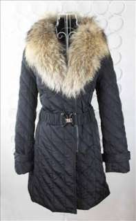 New Womens Raccon Fur Neck Belt Long Coat 403 S/M/L/XL Black  