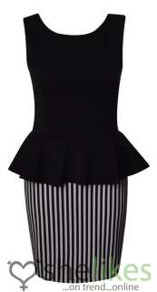   Black Monochrome Stripe Frill Shift Peplum Bodycon Skirt Dress  