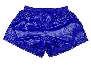 Mens Blue Shiny Wet Look Nylon Soccer Shorts, Gym Athletics 