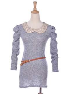 Heather Grey Long Sleeve Top Dress Ruched Sleeves w Crochet Sequin 