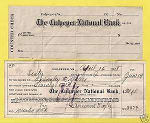 Culpeper, VA National Bank Check, Promissory Note 1928  