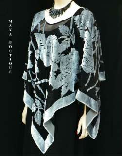 Silk Burnout Velvet Poncho Kimono Top Silver & Black No Fringe Maya 