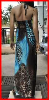   leopard Boho beach hawaiian halter smocked maxi long dress blue S M