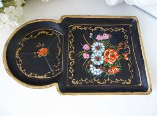   Country Vintage Black Hand Painted Roses Paper Mache Tole Tray  