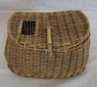   Vintage Antique Fishing Creel Woven Basket Shoulder Strap Willow Wood