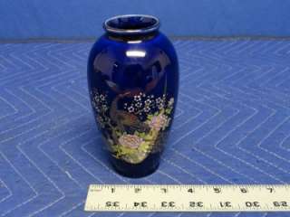 Japanese Kutani Style Peacock Cobalt Blue Collectible Vase K14  